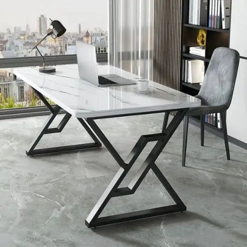 Rectangular Marble Dining Table with Modern X-Frame Base