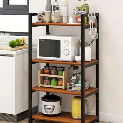 Multi-Layer Kitchen Storage Rack with Wooden Shelves and Metal Frame