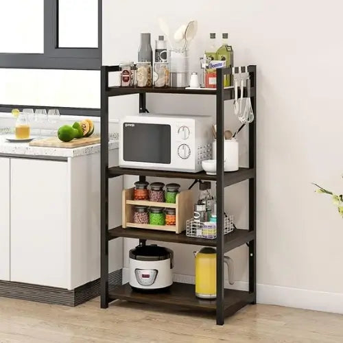 Multi-Layer Kitchen Storage Rack with Wooden Shelves and Metal Frame