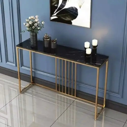 Modern Console Table with Black Marble Top and Golden Frame