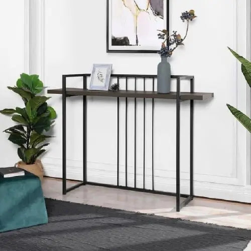 Industrial Console Table with Wooden Top and Black Metal Frame