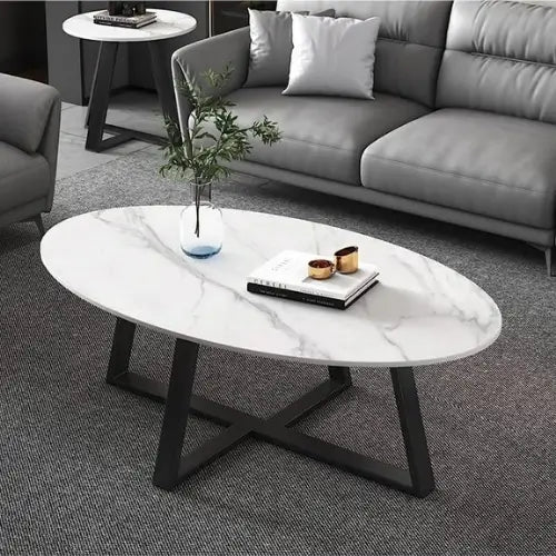 Oval Marble Coffee Table with Modern Black Base