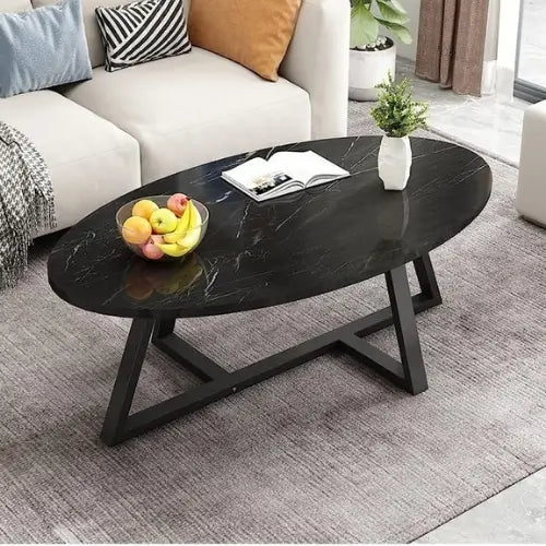 Oval Marble Coffee Table with Modern Black Base